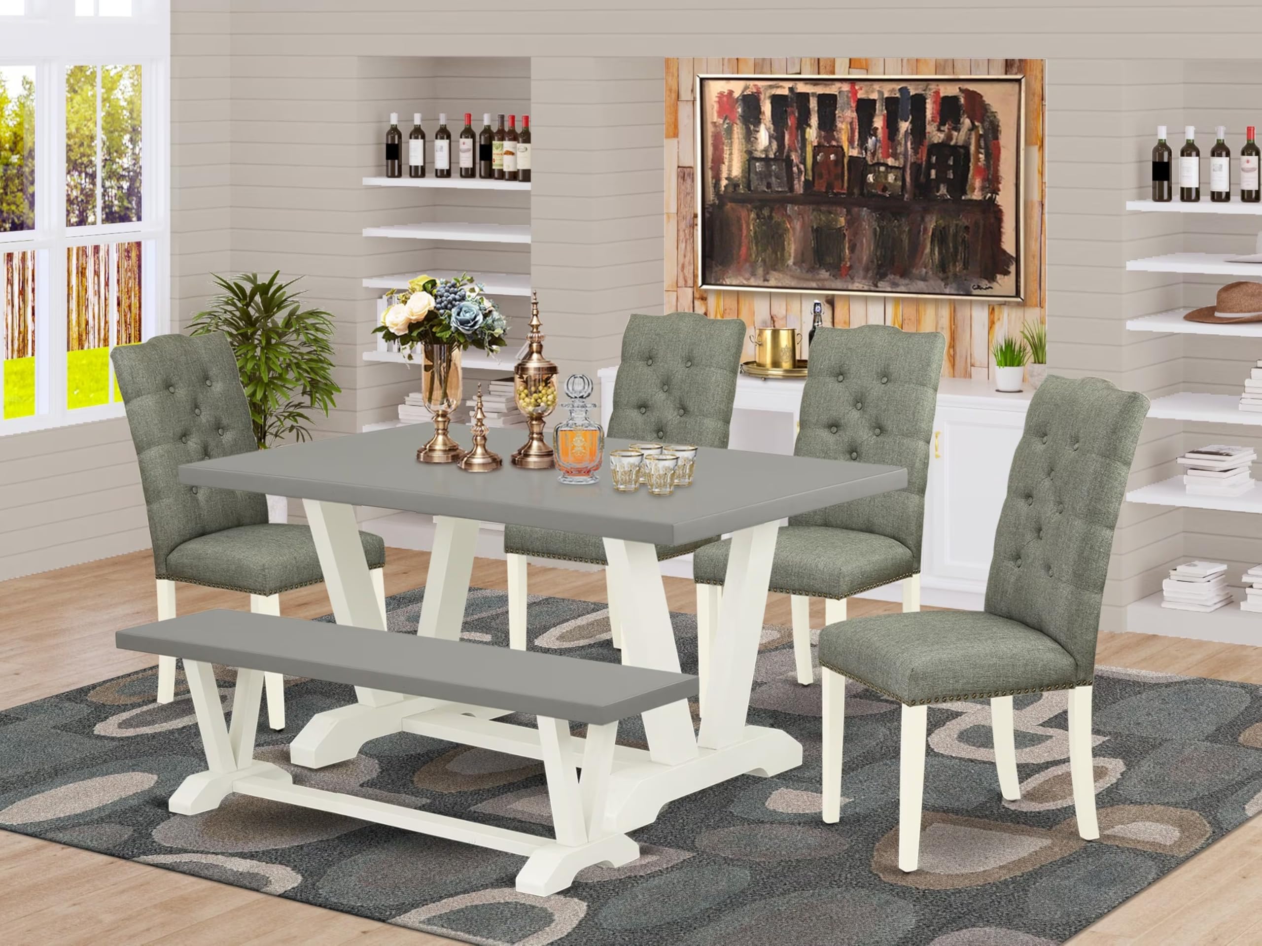 East West Furniture V096El207-6 6 Piece Dining Table Set Contains A Rectangle Table With V-Legs And 4 Gray Linen Fabric Upholstered Chairs With A Bench, 36X60 Inch, Multi-Color